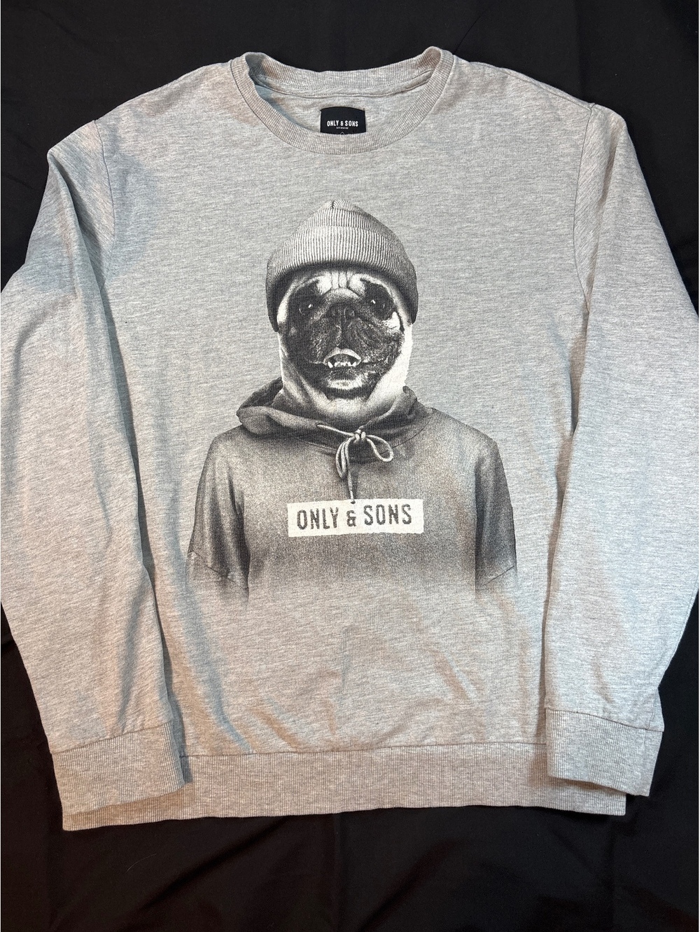 ONLY & SONS Pug Graphic Crewneck Sweatshirt Grey Novelty Dog Pullover